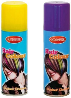 goodmark Carnaval verkleed haarverf - haarspray - kleuren paars en geel - 125 ml per flacon