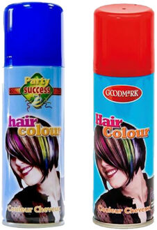 goodmark Carnaval verkleed haarverf - haarspray - kleuren rood en blauw - 125 ml per flacon