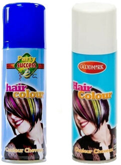 goodmark Carnaval verkleed haarverf - haarspray - kleuren wit en blauw - 125 ml per flacon