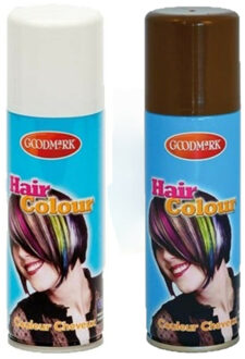 goodmark Carnaval verkleed haarverf - haarspray - kleuren wit en bruin - 125 ml per flacon