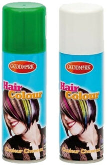 goodmark Carnaval verkleed haarverf - haarspray - kleuren wit en groen - 125 ml per flacon