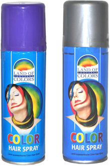 goodmark Carnaval verkleed haarverf - haarspray - kleuren zilver en paars - 111 ml per flacon
