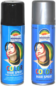 goodmark Carnaval verkleed haarverf - haarspray - kleuren zilver en zwart - 125 ml per flacon