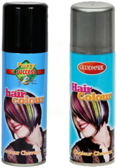 goodmark Carnaval verkleed haarverf - haarspray - kleuren zwart en zilver - 125 ml per flacon