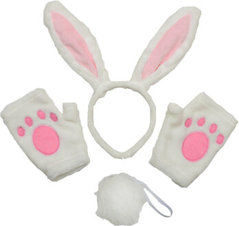goodmark Konijn verkleedset - 3-delig - wit/roze - kinderen - 4-6 jaar - oren - staart - handschoenen