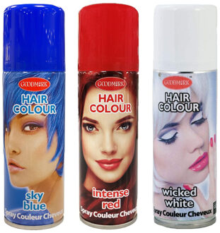 goodmark Set 3x kleuren haarverf/haarspray 125 ml - Rood-wit-blauw - Vlag kleuren van Amerika