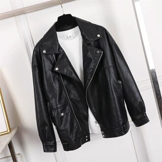 Goohojio Beige Pu Jassen Vrouwen Herfst Faux Lederen Bovenkleding Casual Oversized Motorfiets Biker Leren Jas Vrouwelijke zwart / Xl