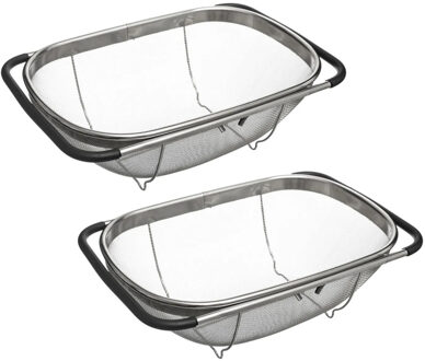 Gootsteen vergiet - 2x - zilver - 36,5 tot 54,5 x 23 cm - RVS - uitschuifbaar - zeef