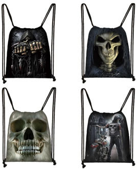 Gothic Punk Death Skull Drawstring Bag Men Travel Bag Grim Reaper Backpack Boys Bookbag Canvas Storage Bags Shoes Holder