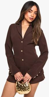 Goud Getrimde Blazer Met Ingesnoerde Taille, Chocolate - 38