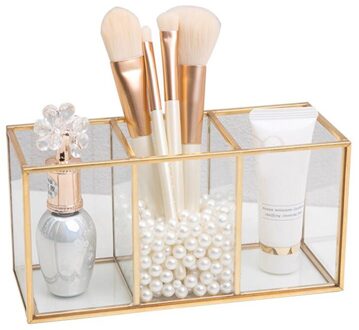 Goud Glas Make Borstel Opbergdoos Pen Potlood Pot Houder Cosmetische Container Bureau Organizer Stand Accessoire 3/4 Grids 3 Grids