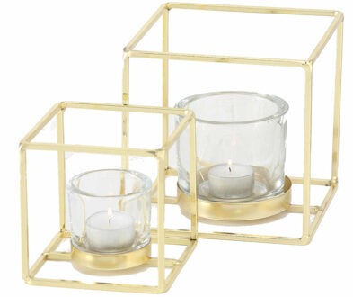 Goud ijzeren theelicht/waxinelicht houders set van 2x stuks 11-15 cm Goudkleurig