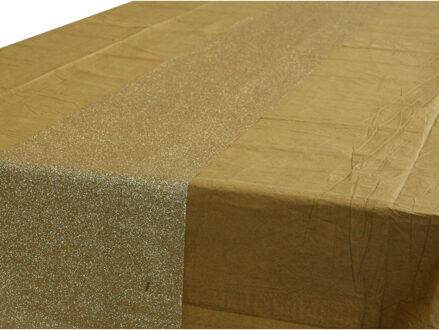 Goud tafelkleed 274 x 137 cm met gouden tafelloper met glitters voor de kersttafel