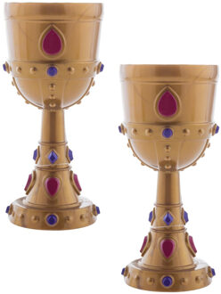 Gouden beker kelk met diamanten - 2x - carnaval/verkleed artikel - kunststof - koning/piraten thema