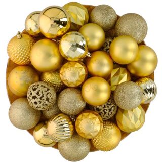 Gouden Kersballen Set - 60 Kunststof Kerstballen - Incl. Gouden Piek - Kerst Decoratie - Ø6/7 cm Goudkleurig