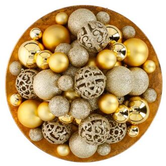 Gouden Kerstballen Set - 101 Kunststof Kerstballen - Incl. Piek - Ø 3/4/6 cm Goudkleurig