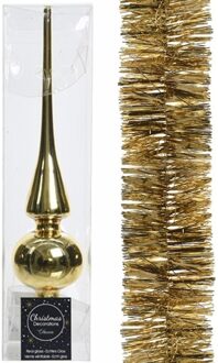 Gouden kerstversiering/kerstdecoratie set piek en folie slinger 270 cm - Kerstslingers Goudkleurig