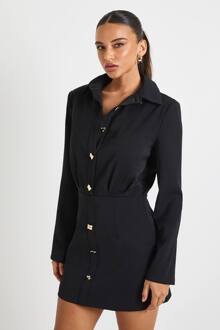 Gouden Knop Getailleerd Overhemd Mini-Jurk, Black - 36