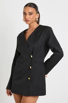 Gouden Knop Getailleerde Diepe V-Hals Blazer Jurk, Black - 40