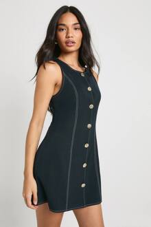 Gouden Knop Op Maat Gemaakte Mouwloze A-Lijn Minijurk, Navy - 38