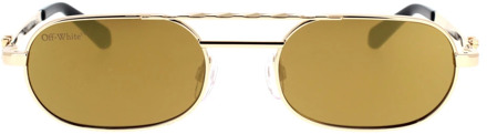 Gouden Metalen Ovale Zonnebril met Spiegelglazen Off White , Yellow , Unisex - 55 MM