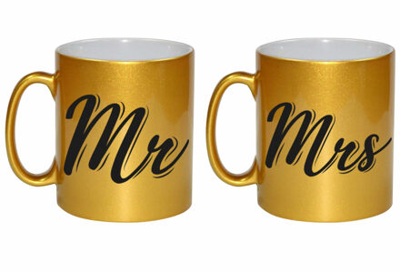 Gouden Mrs en MR cadeau mokken / bekers set voor koppels 330 ml - feest mokken Goudkleurig