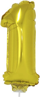 Gouden opblaas cijfer ballon - 1 jaar - op stokje - H41 cm - Leeftijd versiering