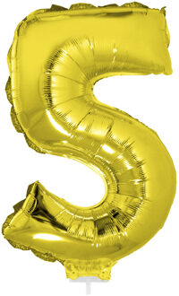 Gouden opblaas cijfer ballon 5 op stokje 41 cm - Ballonnen Goudkleurig