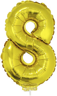 Gouden opblaas cijfer ballon - 8 jaar - op stokje - H41 cm - Leeftijd versiering