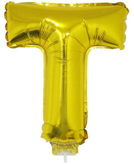 Gouden opblaas letter ballon T op stokje 41 cm - Ballonnen Goudkleurig