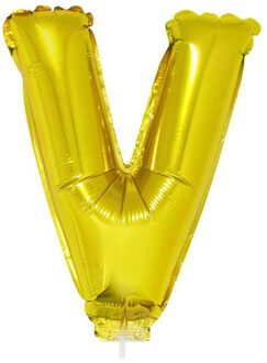 Gouden opblaas letter ballon V op stokje 41 cm - Ballonnen Goudkleurig