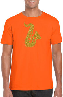 Gouden saxofoon / muziek t-shirt / kleding - oranje - voor heren - muziek shirts / muziek liefhebber / saxofonisten / jazz / outfit L