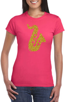 Gouden saxofoon / muziek t-shirt / kleding - roze - voor dames - muziek shirts / muziek liefhebber / saxofonisten / jazz / outfit L