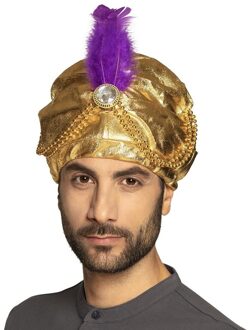 Gouden Sultan hoed met veer verkleedkleding verkleedaccessoire Goudkleurig