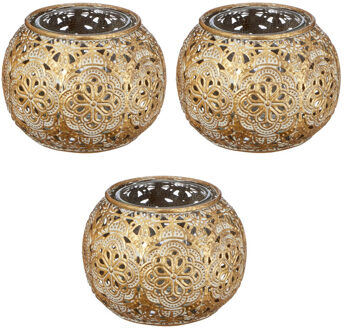 Gouden waxinelicht / theelicht houders - met glas - 3x stuks - 7 cm - kaarsenhouders