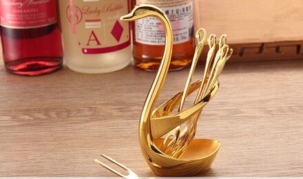 Gouden zwaan fruit vork dessertlepel set 1 stks/set decoratie zwaan