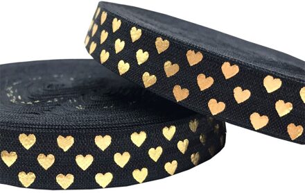 Goudfolie Liefde Hart Gedrukt Vouw Over Elastische Singels 16mm 10 Yards DIY 5/8 "Stretch Handgemaakte Meisjes Haar band Naaien Linten GS475 zwart