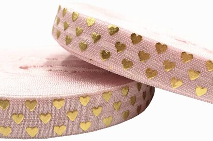 Goudfolie Liefde Hart Gedrukt Vouw Over Elastische Singels 16mm 10 Yards DIY 5/8 "Stretch Handgemaakte Meisjes Haar band Naaien Linten GS477 roze
