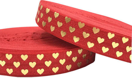 Goudfolie Liefde Hart Gedrukt Vouw Over Elastische Singels 16mm 10 Yards DIY 5/8 "Stretch Handgemaakte Meisjes Haar band Naaien Linten GS478 rood