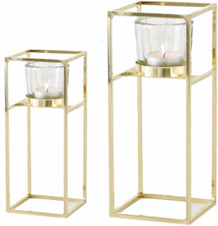 Goudkleurige ijzeren theelicht/waxinelicht houders set van 2x stuks 15-23 cm