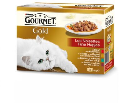 Gourmet Gold fijne hapjes in saus met rund, kalkoen en eend, zalm en kip of kip en lever 12 x 85g kattenvoer