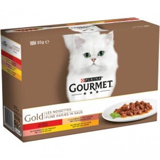 Gourmet Gold fijne hapjes in saus met rund, kalkoen en eend, zalm en kip of kip en lever 12 x 85g kattenvoer