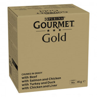 Gourmet Gold Fijne Hapjes in saus met rund, kip en lever, zalm en kip, kalkoen en eend natvoer kat (96x85 g) 2 x (96x 85 g)