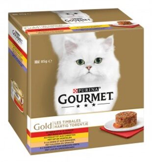 Gourmet Gold hartig torentje met rund en tomaat, met kip en wortelen, met kalkoen en spinazie, met lam en sperziebo...