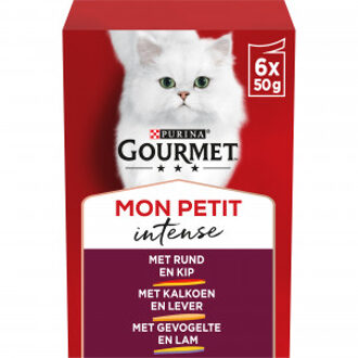 Gourmet Mon petit duo kleine porties met rund en kip, met kalkoen en lever, met gevogelte en lam 6x50g kattenvoer