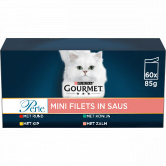 Gourmet Perle mini filets in saus met kip, met rund, met konijn, met zalm 60x85g kattenvoer