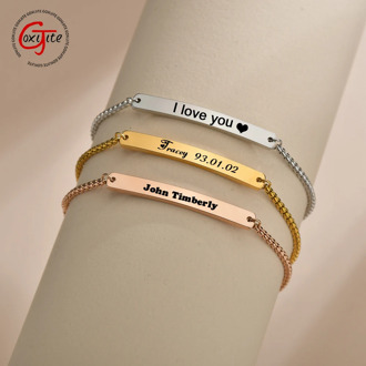 Goxijite Personalized Adjustable Engrave Name Bracelet For Women Kid Stainless Steel Engrave Date Heart Bracelet