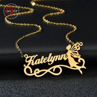 Goxijite Personalized Name Fairy Angel Necklace For Women Stainless Steel Custom Gold Name Pendant Necklaces Jewelry Gift