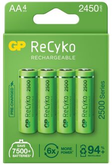 GP batterijen GP ReCyko 2500 Oplaadbare AA Batterijen 2450mAh - 4 stuks.