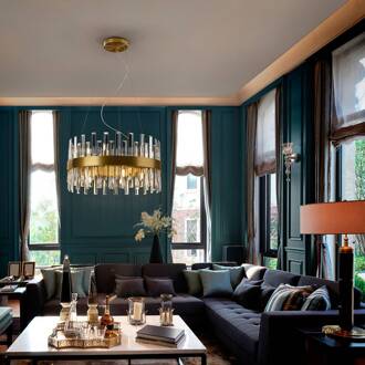 Grace hanglamp, ijzer, glas, rond, Ø 55 cm, 14-lichts. goud, helder